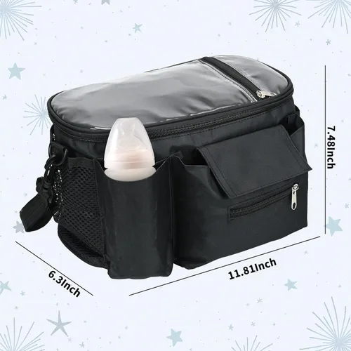 Miniatura 4 de Organizador de cochecito con portavasos aislados, bolsa universal para cochecito que se adapta a Uppababy, Baby Jogger, Nuna, correa de hombro Negro