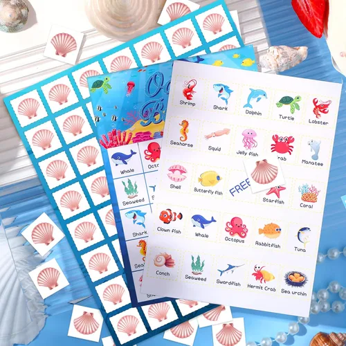 Miniatura 4 de Liliful Tarjetas de juego de bingo de animales del océano para niños, 24 tarjetas de bingo de mar, juego temático del océano para fiestas bajo