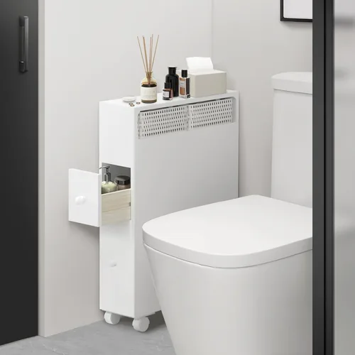 Miniatura 8 de MASAKA B&W Armario de almacenamiento de baño móvil con 2 cajones y estante, almacenamiento de papel higiénico, estantes de esquina