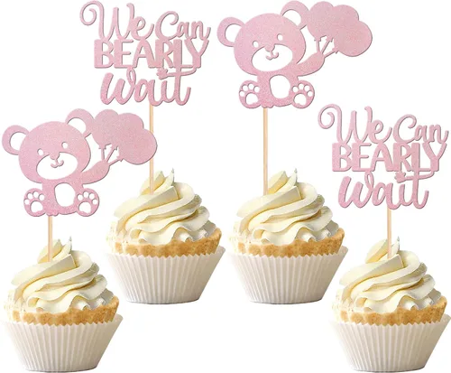 Miniatura 12 de 24 PIEZAS Oso de Peluche con Texto "We Can Bearly Wait" Adornos de Cupcake con Purpurina, Globo Oso para Revelación de Género, Adornos de Baby