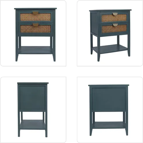 Miniatura 8 de Mesita de noche de ratán con 2 cajones con asas de metal para sala de estar, dormitorio, lugar pequeño, verde