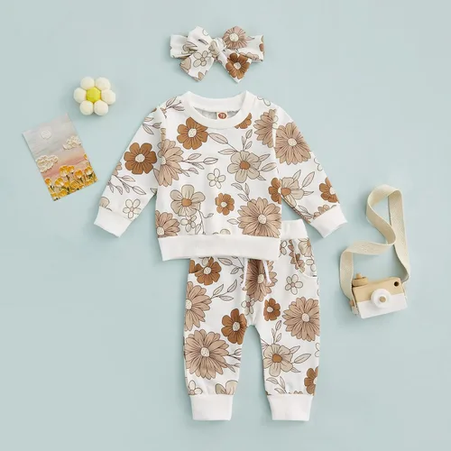 Miniatura 5 de Conjunto de 3 piezas para bebé, sudadera con margaritas + pantalones + diadema para bebé, ropa de otoño e invierno