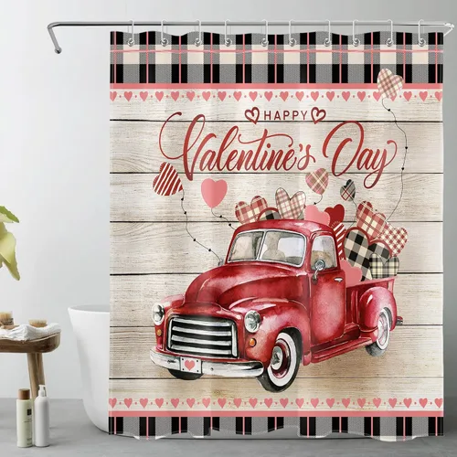 Cortina de ducha para el día de San Valentín, estilo rústico, vintage, a cuadros y camión rojo, juego de cortina de ducha para baño, romántico,