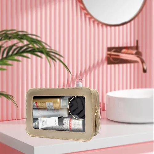 Miniatura 3 de Bolsa de maquillaje transparente pequeña, aprobada por la TSA, bolsa de aseo portátil con cremallera, bolsa de viaje para cosméticos, estuche Dorado