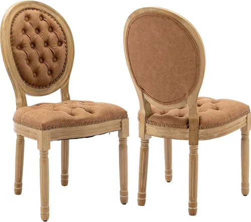 Miniatura 33 de Juego de 4 sillas de comedor francesas vintage, con respaldo redondo, tapizadas, de piel sintética, con ribete de cabeza de clavo y marco de madera