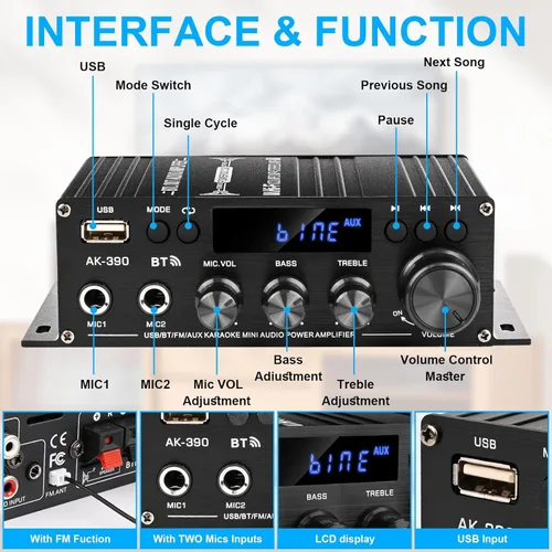 Miniatura 2 de Amplificador estéreo receptor de audio para el hogar AK-390, altavoz AMP Bluetooth 5.0 amplificador 400W+400W 2 canales con amplificador de potencia