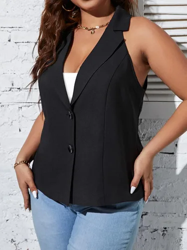 Miniatura 3 de MakeMeChic Chaqueta sin mangas con cuello de solapa y botones frontales para mujer, talla grande