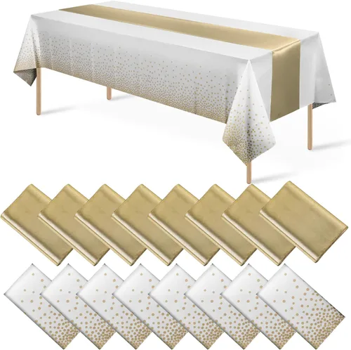 Miniatura 11 de 16 paquetes de manteles de plástico desechables y juego de camino de mesa de satén negro dorado con puntos dorados para graduación, boda