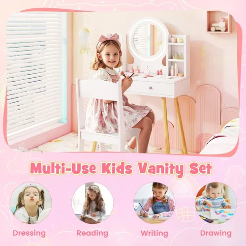 Miniatura 4 de HONEY JOY Juego de tocador para niños, juego de tocador para niñas con espejo y taburete y luces, cajones y estantes de almacenamiento, mesa