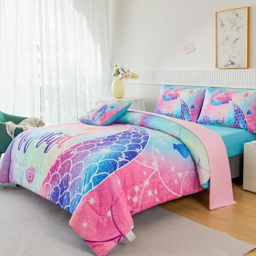 Miniatura 4 de RYNGHIPY Juego de ropa de cama tamaño matrimonial de sirena para niñas, colorido arco iris, juego de edredón con sábanas suaves y ligeras, 6 piezas