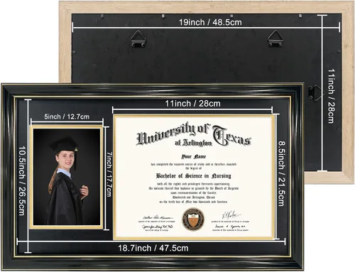 Miniatura 4 de GraduationMall Marco de fotos y diploma negro de 11 x 19 pulgadas para certificado de 8.5 x 11, imagen de 5 x 7, vidrio templado, paspartú doble