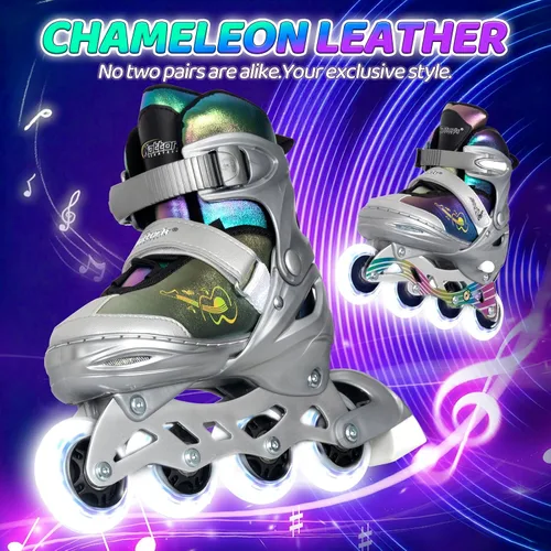 Miniatura 2 de Nattork Patines en línea ajustables para niños y adolescentes con ruedas iluminadas, color degradado, deslizamiento suave plateado