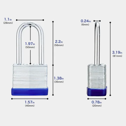 Miniatura 2 de Lock Candados para exteriores, candado laminado con llave, cuerpo ancho de 1-9/16 pulgadas, juego de candados con llaves, grillete largo