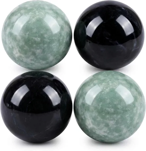GLEAVI Bolas Baoding de 4 piezas para manos, juego de piedras sólidas de 1.38 pulgadas, 2 negras y 2 verdes, diseño silencioso para meditación en la
