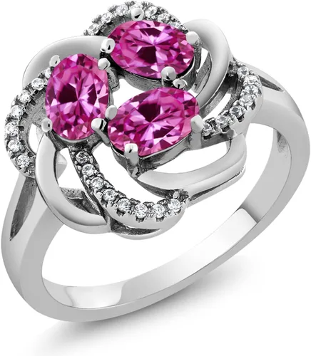 Miniatura 103 de Gem Stone King Flower Blossom Gemstone Birthstone Ring in 925 Sterling Silver 3-Stone Oval 6X4MM with Sparkling Accents Wedding Anniversary