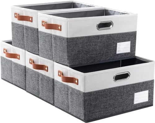 Miniatura 13 de PRANDOM Contenedores de almacenamiento plegables más grandes para clóset [5 unidades] cestas decorativas de tela de lino con asas de cuero y metal