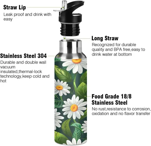 Miniatura 3 de BPA-Free Sports Water Bottle 32 Oz, Insulated Stainless Steel Water Bottle with Straw for Gym Outdoor Travel School, White Daisy Flowers Green Leaves