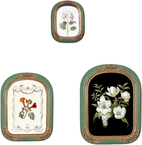 PARAFAYER - Marcos de fotos vintage, marcos de fotos arqueados de color verde antiguo con intrincado relieve floral dorado, montaje en pared y