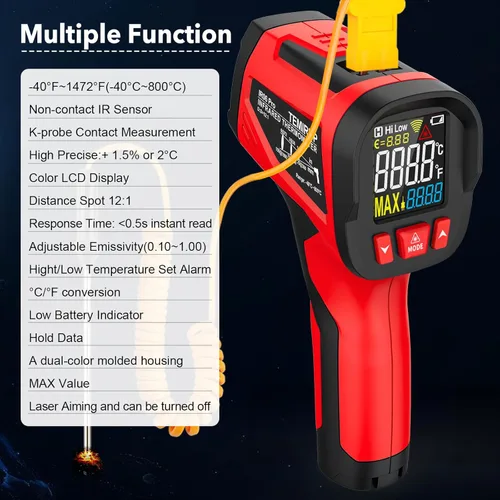 Miniatura 2 de Pistola termómetro infrarroja, pistola de temperatura láser digital con sonda, termómetro IR sin contacto de -40°F ~ 1472°F con emisividad ajustable
