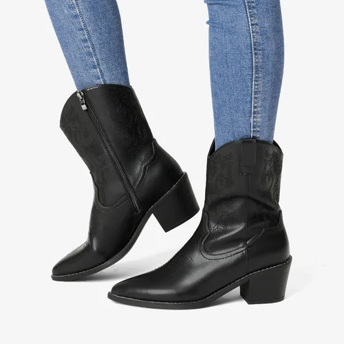 Miniatura 6 de DREAM PAIRS Botas vaqueras para mujer, puntera puntiaguda, tacón grueso, botas vaqueras con cierre de cremallera, botas occidentales cosidas