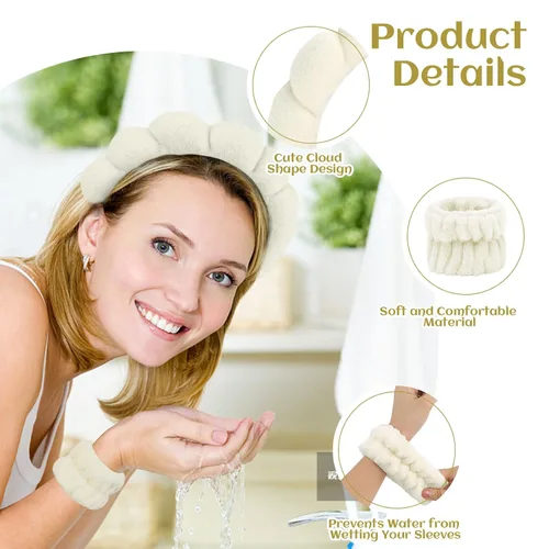 Miniatura 4 de 6 Piezas Diademas Esponjosas para Spa y Muñequeras, Beige, Diadema para Lavar la Cara y Cuidado de la Piel, Diadema Absorbente para Ducha, Yoga