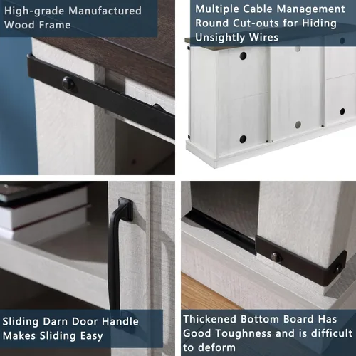 Miniatura 4 de Soporte de TV de madera moderno de granja blanco y gris para TV de 65 pulgadas, consola de TV rústica, mesa central de entretenimiento multimedia