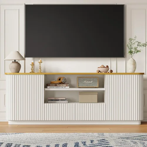 Miniatura 4 de QUW Soporte de TV acanalado de 70 pulgadas para televisores de hasta 80 pulgadas, moderno centro de entretenimiento con 2 cajones y gabinetes, Blanco