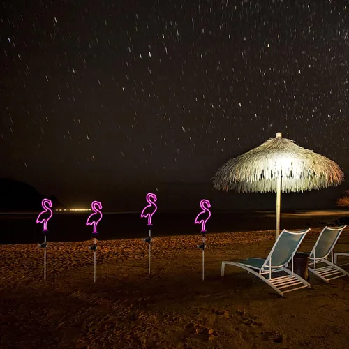 Miniatura 5 de Juego de 2 luces solares de flamenco rosa para jardín, luces solares para caminos para césped, patio, pasarela, iluminación rosa neón