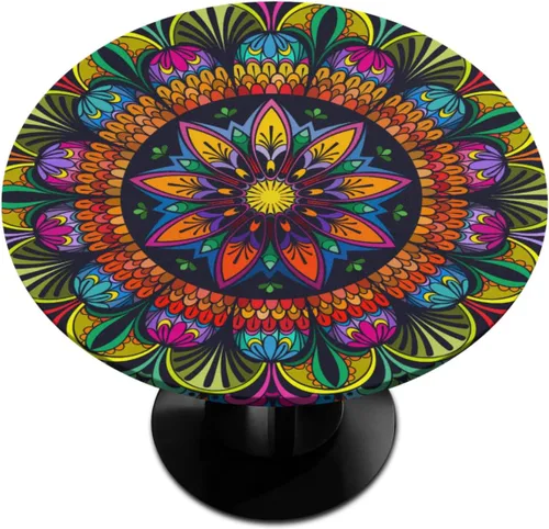 cfpolar Mantel redondo con diseño mandala y borde elástico, mantel étnico lavable y limpiable con flores coloridas, funda de mesa de poliéster para