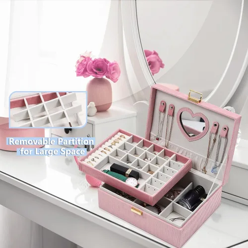 Miniatura 4 de Dajasan Cajas de joyería para mujeres y niñas, caja organizadora de joyas, organizador de joyas de terciopelo grande de 2 capas para anillos