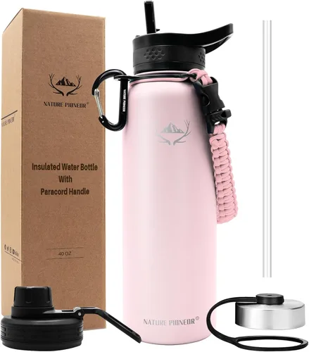 Miniatura 10 de NATURE PIONEOR Botellas de agua aisladas con mango de paracord - Botella de agua deportiva al vacío de boca ancha de 32 onzas con 3 tapas, acero
