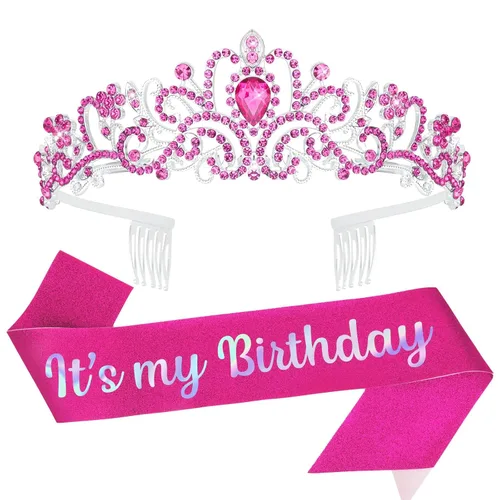 Miniatura 10 de YISSION Juego de tiara y banda de cumpleaños con diamantes de imitación plateados, banda con purpurina con corona de cristal para mujer