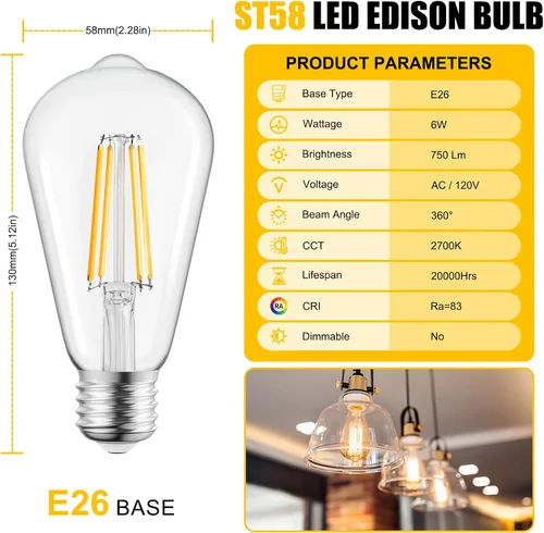 Miniatura 2 de Brightown Paquete de 4 bombillas LED Edison, 6 W, equivalente a 60 W, alto brillo blanco cálido de 2700 K, 750 lúmenes, no regulables, bombillas