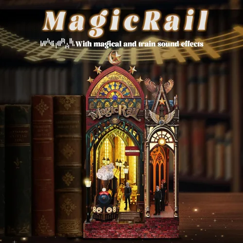 Miniatura 4 de Kit de rincón de libros, estante en miniatura para casa con luces LED y música, rompecabezas de madera 3D de estación de tren retro para adultos