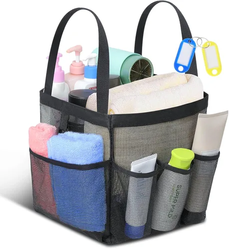 Temede Cesta de ducha de malla, cesta grande de ducha, portátil, bolsa de aseo colgante de secado rápido, organizador de baño con asa y 8 bolsillos