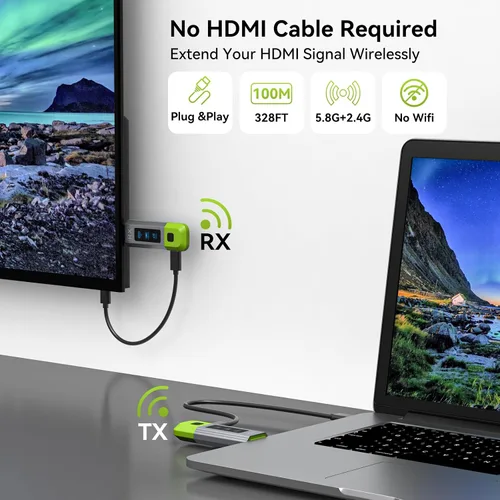 Miniatura 6 de Transmisor y receptor HDMI inalámbrico 2.4G+5G 328FT/100M Soporte 4K Decodificación 1080P@60Hz Extensor Salida de video HD para video y audio a Verde