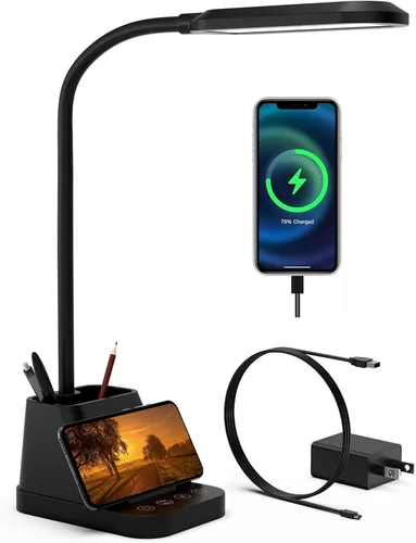 Miniatura 7 de AXX - Lámpara LED blanca de escritorio con puerto de carga USB, luz de mesa con cuello de cisne flexible, 650 lm, soporte para teléfono, soporte