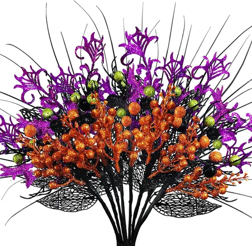 8 piezas de flores artificiales de Halloween para decoración, púas falsas de Halloween con purpurina con bayas para jarrón, ramas negras con flores