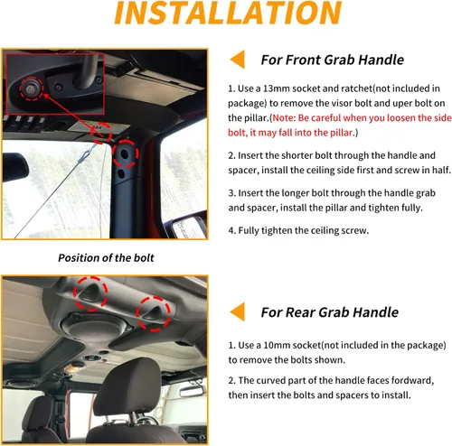 Miniatura 6 de Kit de asas de agarre delanteras y traseras de aleación de aluminio para Jeep Wrangler JK JKU Rubicon Sport Sahara (2007-2018) (Negro)