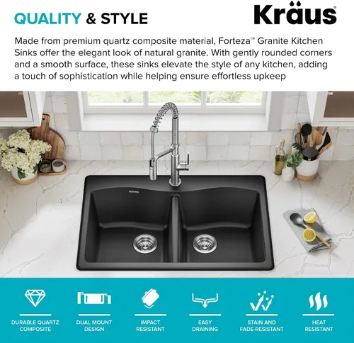 Miniatura 2 de Kraus Forteza - Fregadero de cocina de doble seno 50/50 de granito de instalación empotrada/sobre encimera, 33 pulgadas, color negro (KGD-52BLACK)