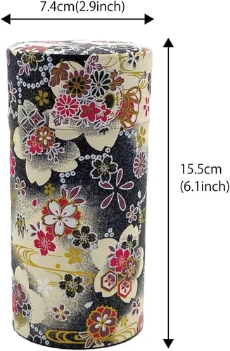 Miniatura 4 de 野口熊太郎茶園 Bote de té japonés Hanatsudumi (tambor de flores) azul oscuro negro/doble tapa/papel washi japonés pegado/7.05 oz capacidad de té/hojas