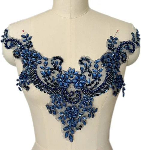 Miniatura 6 de Parches de encaje con flores y cuentas de perlas, apliques de strass para coser en ropa, cuello (AB)
