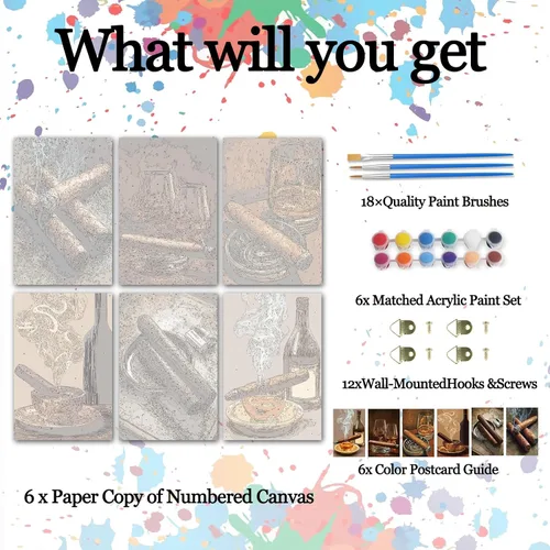 Miniatura 3 de Aihonmin Whisky de cigarros, paquete de 6 pinturas por números para adultos principiantes, whisky, cigarrillos, kits de pintura al óleo sobre lienzo