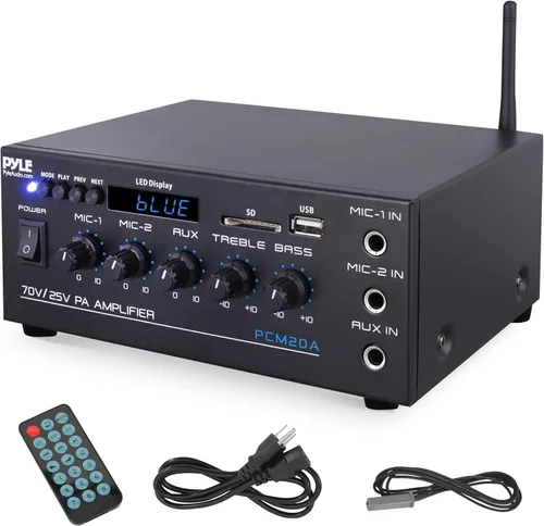Pyle Mini amplificador de potencia para el hogar compacto - Receptor estéreo de audio pequeño inteligente de 40 W con micrófono AUX 2 EN