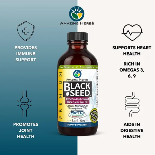 Miniatura 2 de Amazing Herbs Aceite de semilla negra de alta calidad, sin gluten, sin OMG, prensado en frío, Nigella sativa ayuda a la salud digestiva, apoyo