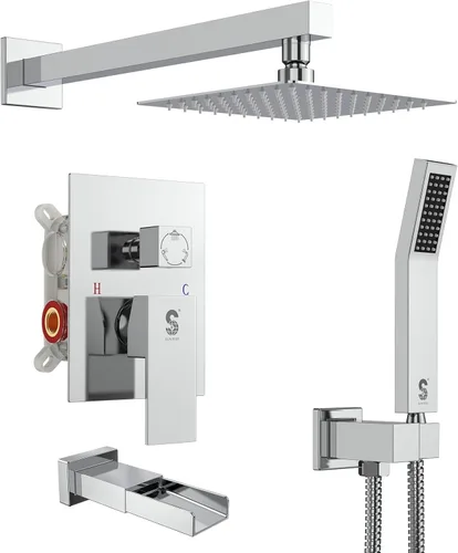 SR SUN RISE Juego de grifo de ducha para bañera montado en la pared de 8 pulgadas, sistema de ducha de metal con boquilla de bañera, cabezal de