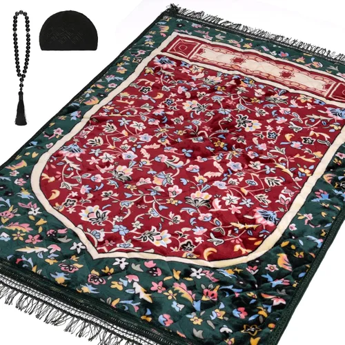 Miniatura 10 de Alfombra de oración musulmana con cuentas de oración Tasbih y sombrero de kufi, acolchada muy gruesa, alfombra de oración para hombres y mujeres