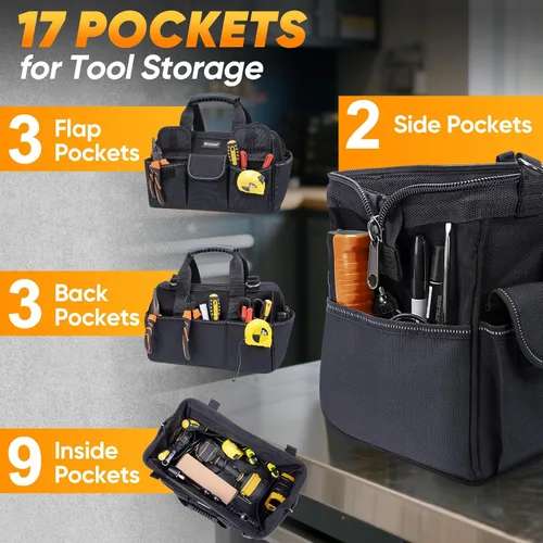 Miniatura 2 de TICONN Bolsa de herramientas resistente con múltiples bolsillos, organizador de caja de herramientas portátil, bolsa de almacenamiento, con correa