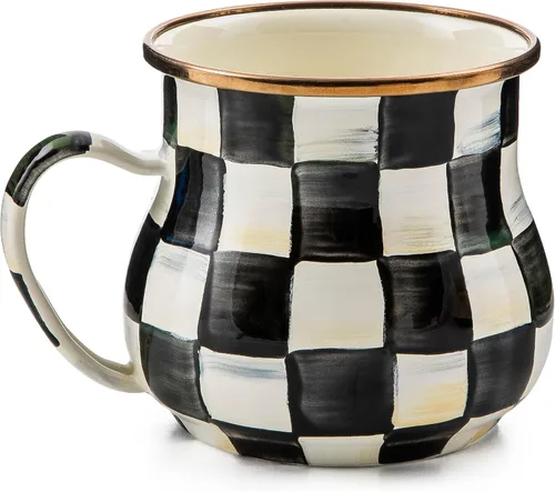 Miniatura 10 de MACKENZIE-CHILDS Taza de esmalte, linda taza de café y té de esmalte, vajilla única, 16 onzas, cuadro de corte negro y blanco, juego de 4