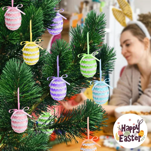 Miniatura 4 de 30 huevos de lentejuelas colgantes de Pascua, adornos de huevos de Pascua de 1.6 pulgadas con lazo, adornos de árbol de huevo colgantes de primavera
